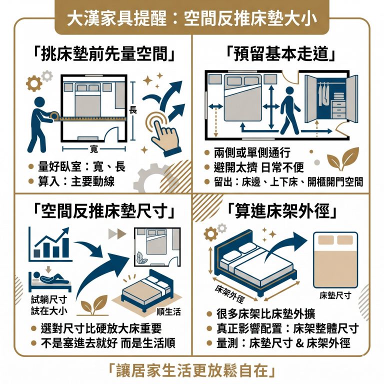 大漢家具提醒，在挑選或購買床墊前，可以先用這幾個方式確認自己需要的床墊大小