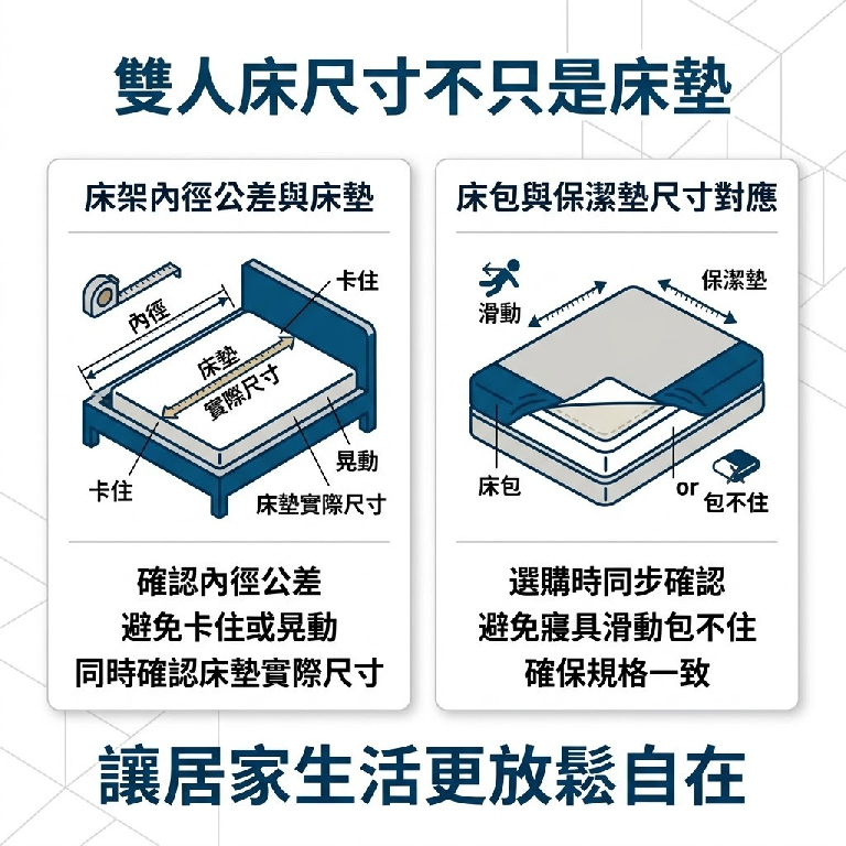 大漢家具提醒，在選購雙人床墊時，除了床墊本身尺寸外，還要注意床架內徑以及床包等寢具大小