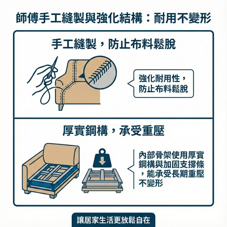 大漢家具自有系列的電動沙發,師傅會手工包邊縫製,防止布料鬆脫,更採用穩定骨架,讓你坐得安心