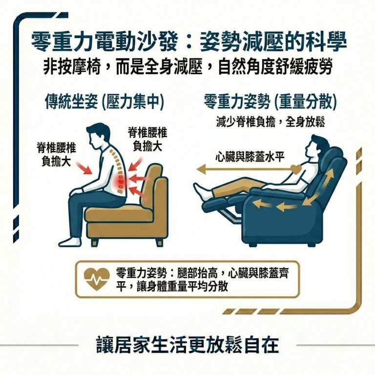 大漢家具的零重力電動沙發，可以讓腿部抬高、心臟與膝蓋幾乎在同一水平線。這個角度能讓身體重量平均分散，減少脊椎與腰椎的負擔。